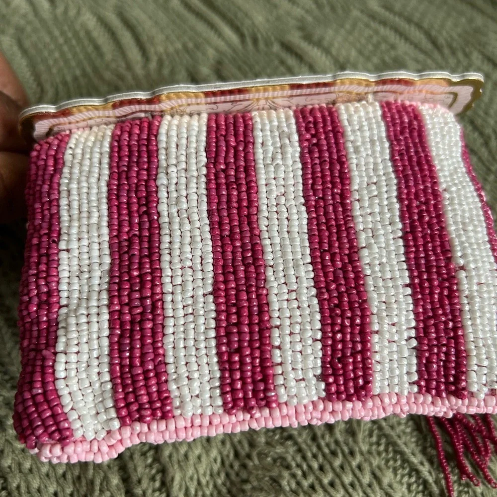 India Handmade Pink Beaded Cocktail Pouch with Tassel - Picture 6 of 9